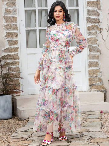 Lapel Lantern Sleeve Ruffled Heavy Mesh Printed Waist Cinching Puffy Swing Long Gown Dresses