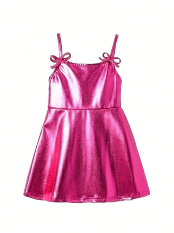 Laser Holographic Y2K Bow Detail Bowknot Cami Dress Single Piece In Gold, Pink And Silver