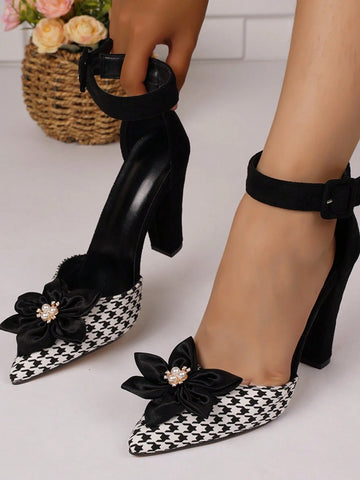 Latest French Style Fashionable Versatile Shoes, Spring Season Thick Heel Houndstooth Trendy