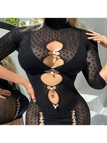Latest Trendy Pearl Hollow See-Through Lingerie Bodysuit With Tight-Fitting Skirt