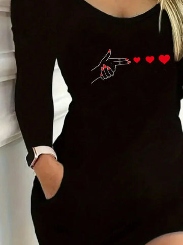 Launch Love Long Sleeve Crewneck Dress, Women Plus Medium Stretch Elegant T-Shirt Mid-Length Dress