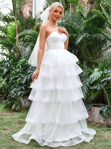Layer Hem Mesh Tube Wedding Dress