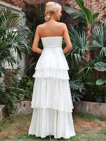 Layer Mesh Hem Tube Wedding Dress Without Veil