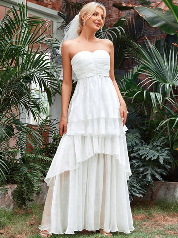 Layer Mesh Hem Tube Wedding Dress Without Veil