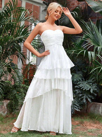 Layer Mesh Hem Tube Wedding Dress Without Veil