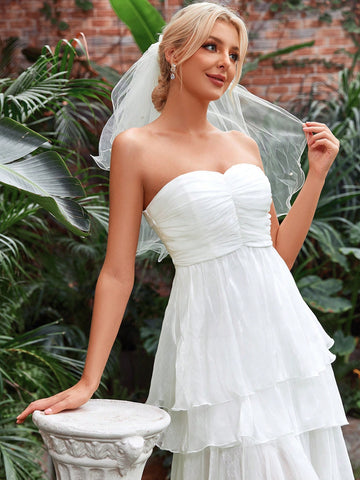 Layer Mesh Hem Tube Wedding Dress Without Veil