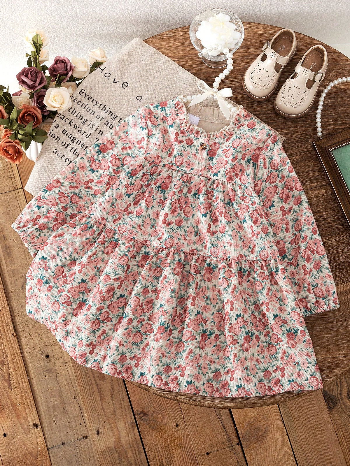 Layered Floral Print Loose Fitting Long Sleeve Crew Neck Casual Dress With Ruffle Hem, For Daily Wear & Outdoor, Spring & Autumn