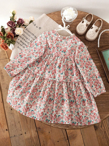 Layered Floral Print Loose Fitting Long Sleeve Crew Neck Casual Dress With Ruffle Hem, For Daily Wear & Outdoor, Spring & Autumn