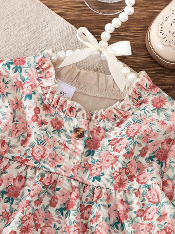 Layered Floral Print Loose Fitting Long Sleeve Crew Neck Casual Dress With Ruffle Hem, For Daily Wear & Outdoor, Spring & Autumn