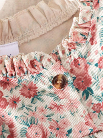 Layered Floral Print Loose Fitting Long Sleeve Crew Neck Casual Dress With Ruffle Hem, For Daily Wear & Outdoor, Spring & Autumn