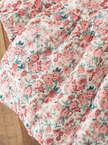 Layered Floral Print Loose Fitting Long Sleeve Crew Neck Casual Dress With Ruffle Hem, For Daily Wear & Outdoor, Spring & Autumn