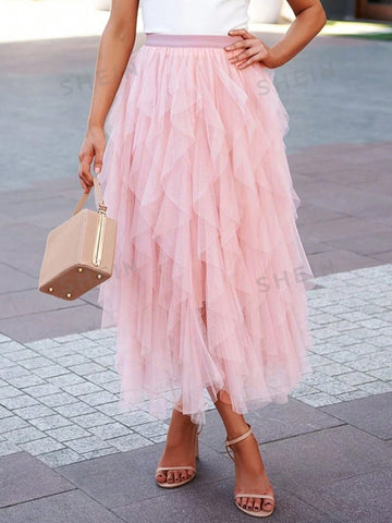 Ditsy Floral Print Slant Pocket Ruffle Hem Skirt