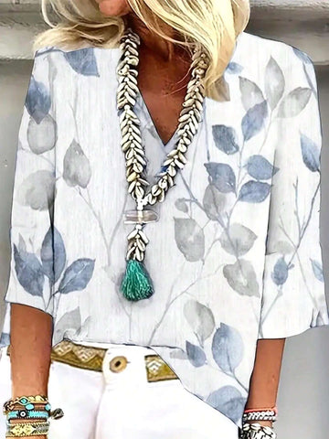 Leaves Print V Neck Blouse
