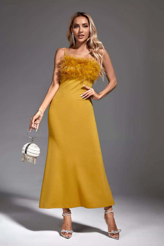 Leighton Yellow Feather Maxi Dress