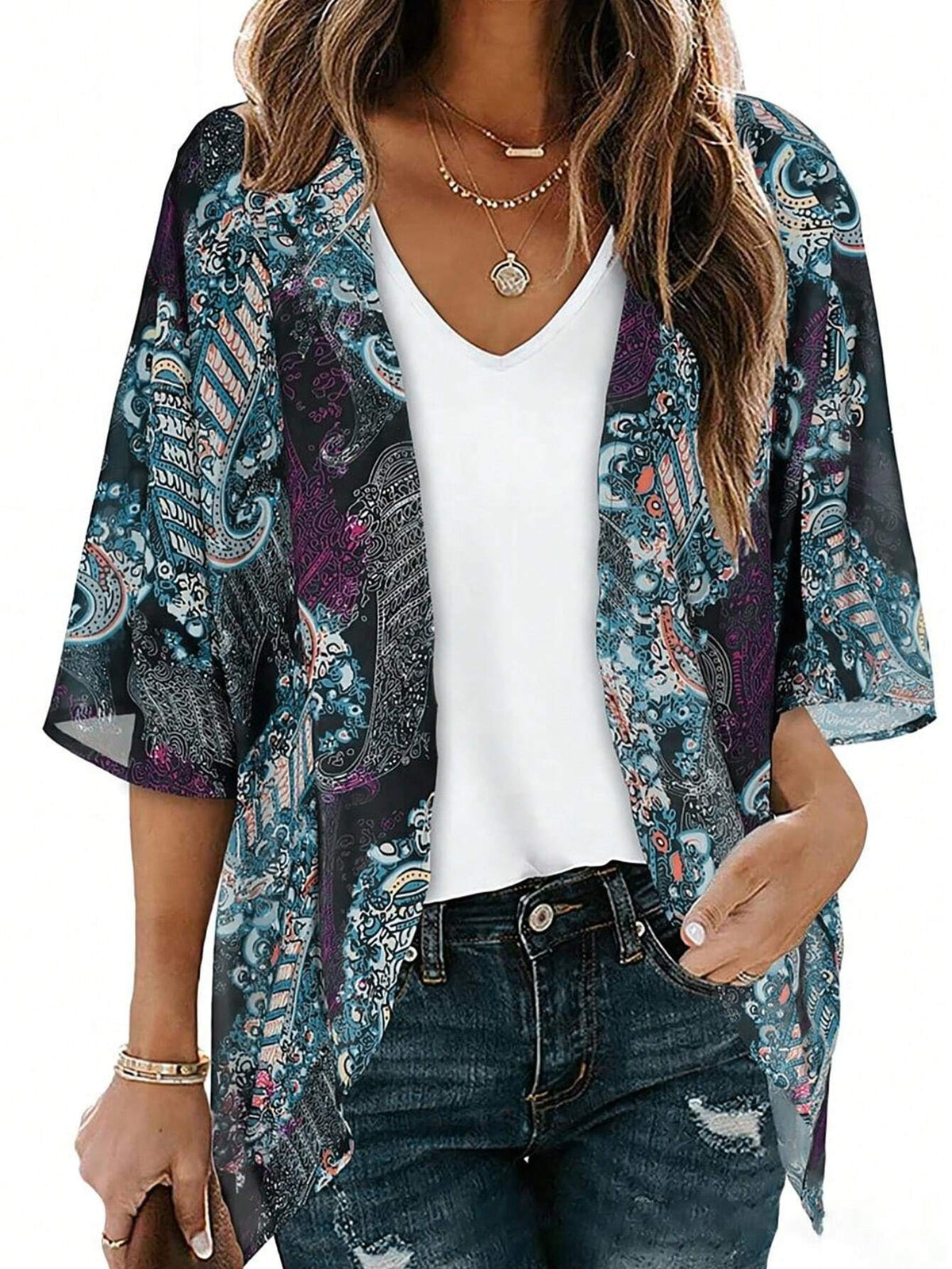 Leisure Vacation Loose Fit Batwing Sleeve Peacock Printed Blouse