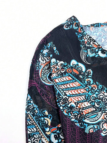 Leisure Vacation Loose Fit Batwing Sleeve Peacock Printed Blouse