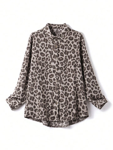 Leopard Print Button Front Shirt, Elegant Long Sleeve Lapel Collar Shirt, Women's Clothing