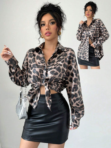 Leopard Print Button Up Front Short Back Long Loose Casual All-Match Waterproof Windbreaker Thin Long Sleeve Blouse For Ladies Early Autumn