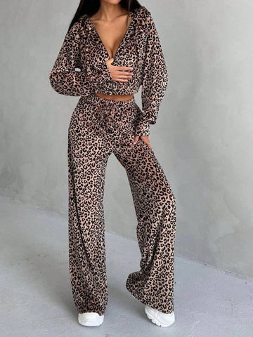 Leopard Print Drop Shoulder Crop Hoodie & Wide Leg Pants