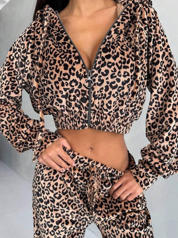 Leopard Print Drop Shoulder Crop Hoodie & Wide Leg Pants