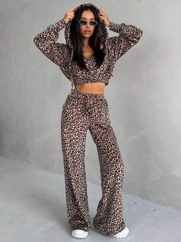 Leopard Print Drop Shoulder Crop Hoodie & Wide Leg Pants