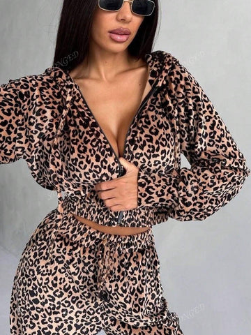Leopard Print Drop Shoulder Crop Hoodie & Wide Leg Pants