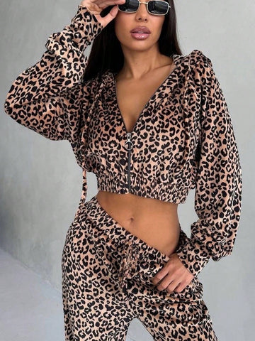 Leopard Print Drop Shoulder Crop Hoodie & Wide Leg Pants