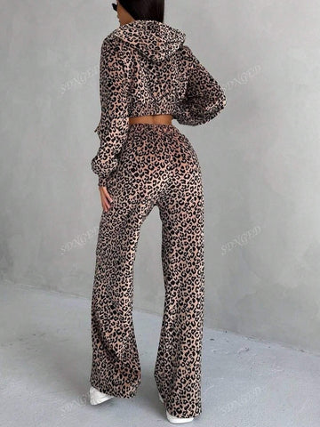 Leopard Print Drop Shoulder Crop Hoodie & Wide Leg Pants