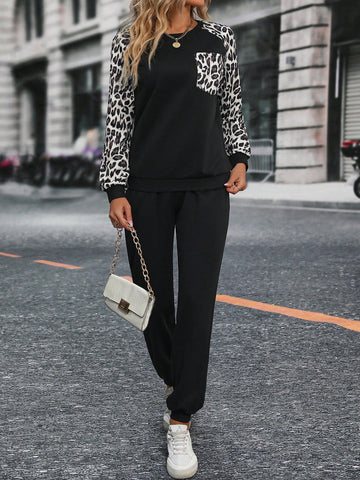 Leopard Print Raglan Sleeve Sweatshirt & Sweatpants