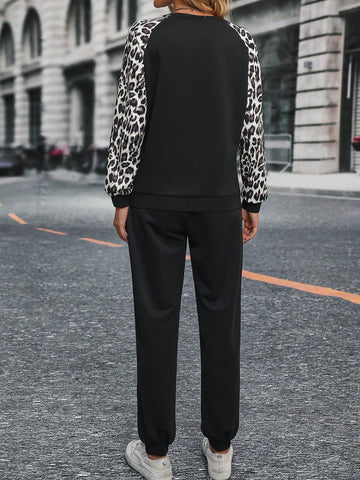 Leopard Print Raglan Sleeve Sweatshirt & Sweatpants