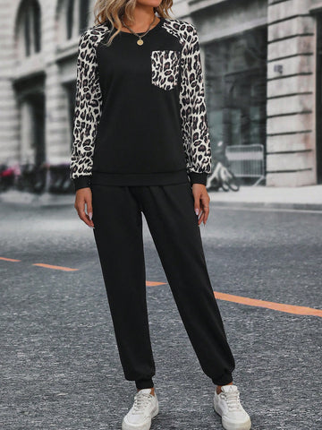 Leopard Print Raglan Sleeve Sweatshirt & Sweatpants