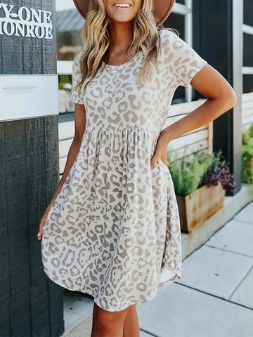 Leopard Print Short Sleeve Women Dress