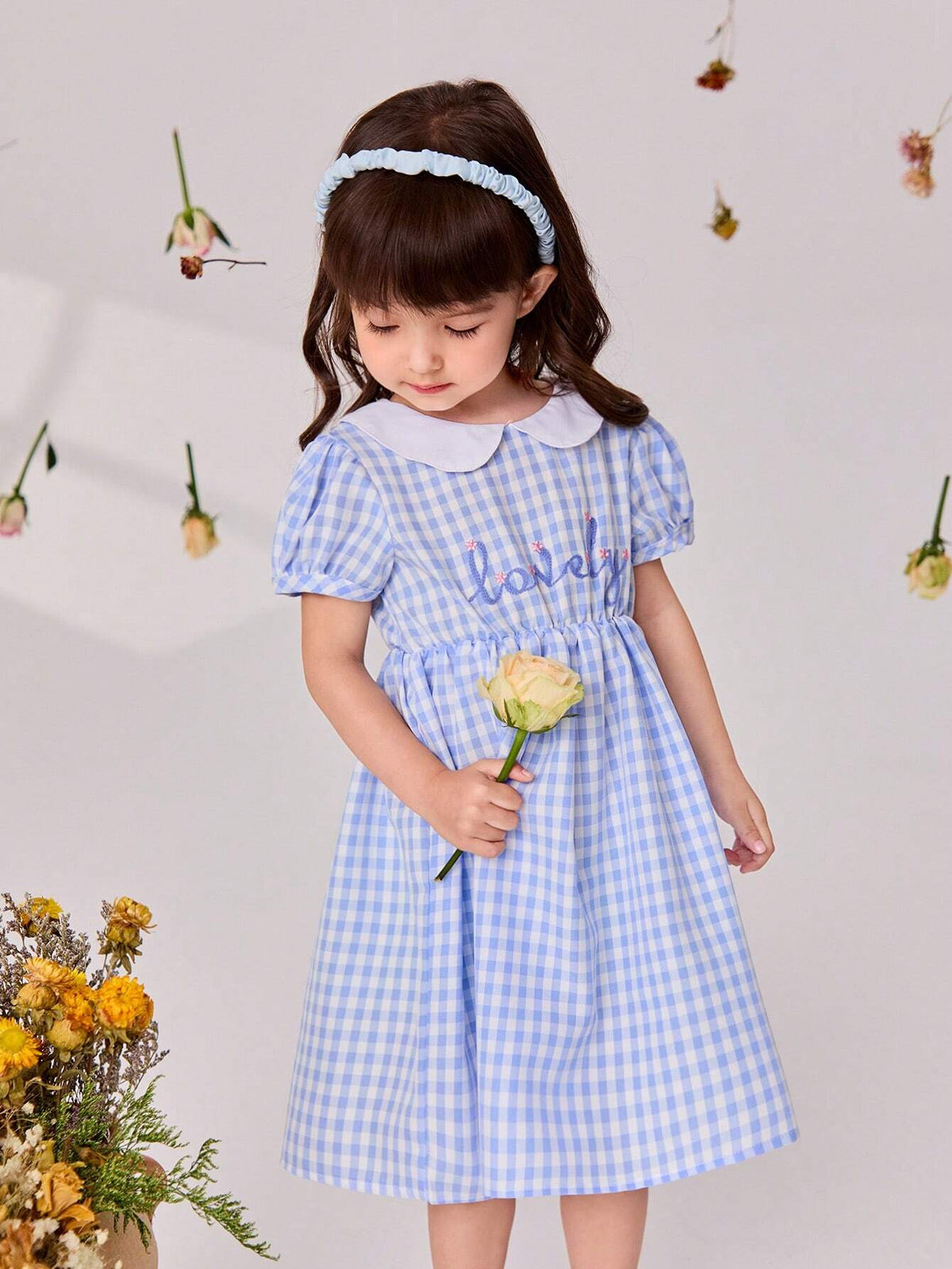 Lesmle Young Girls' Summer Casual Checkered Dress With Alphabet Embroidery And Puff Sleeves