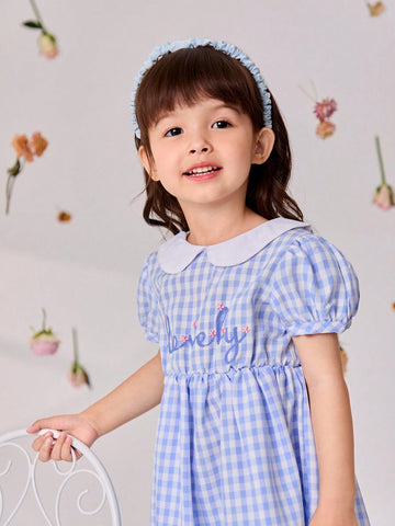 Lesmle Young Girls' Summer Casual Checkered Dress With Alphabet Embroidery And Puff Sleeves