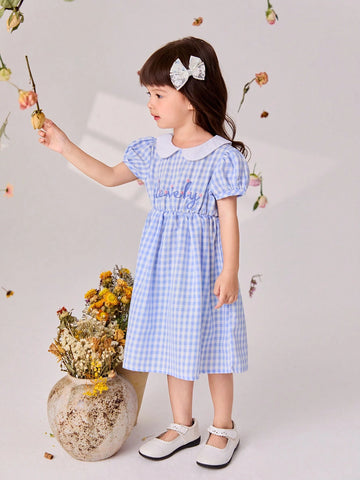 Lesmle Young Girls' Summer Casual Checkered Dress With Alphabet Embroidery And Puff Sleeves