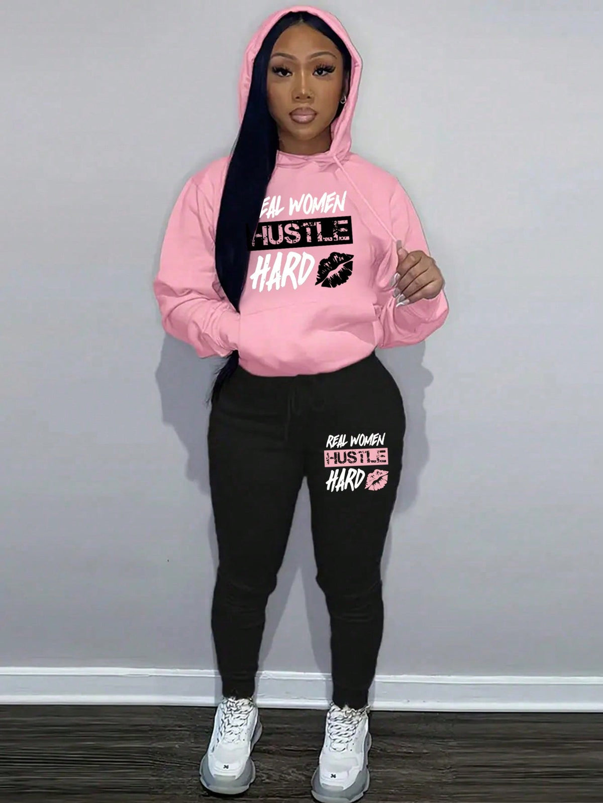 Letter And Lips Print Hoodie And Sweatpants 2 Pieces Set