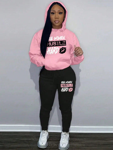 Letter And Lips Print Hoodie And Sweatpants 2 Pieces Set