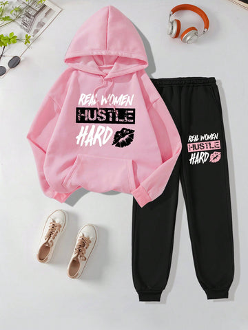 Letter And Lips Print Hoodie And Sweatpants 2 Pieces Set