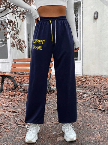Letter Graphic Drawstring Waist Sweatpants