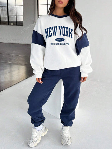 Letter Graphic Drop Shoulder Sweatshirt & Sweatpants