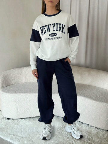 Letter Graphic Drop Shoulder Sweatshirt & Sweatpants