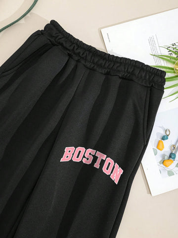 Letter Graphic Elastic Waist Sweatpants