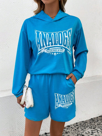 Letter Print Drop Shoulder Hoodie And Shorts Set