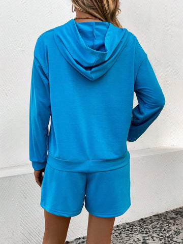 Letter Print Drop Shoulder Hoodie And Shorts Set