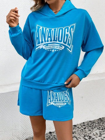 Letter Print Drop Shoulder Hoodie And Shorts Set