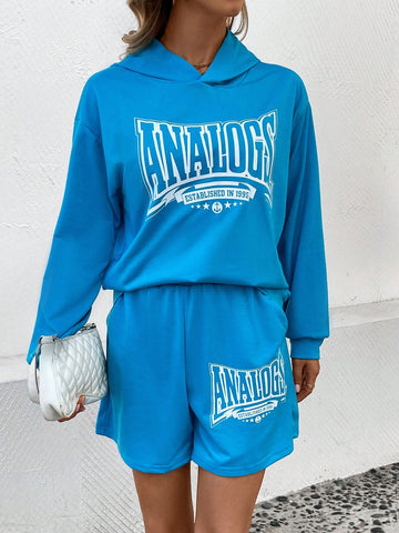 Letter Print Drop Shoulder Hoodie And Shorts Set