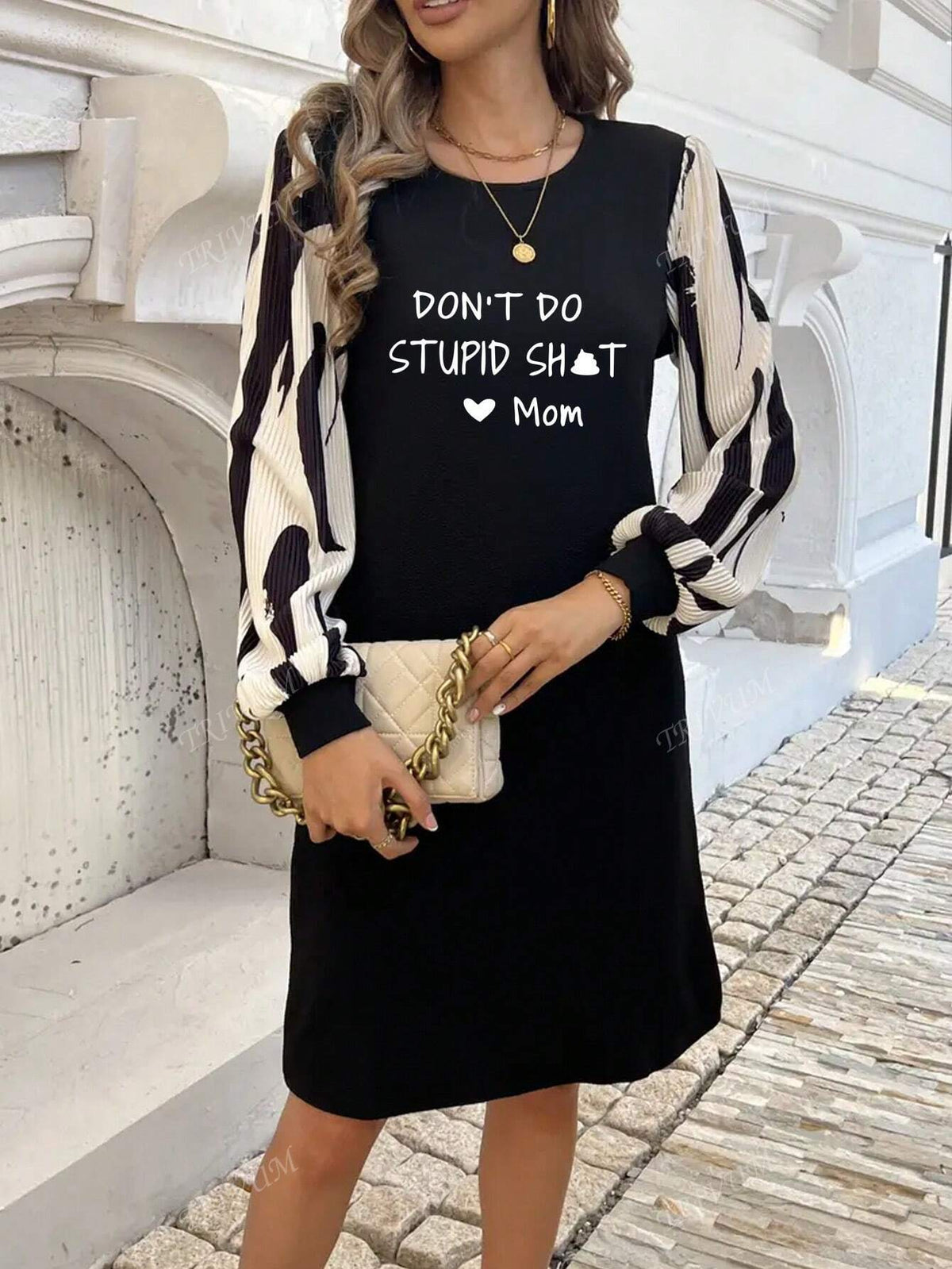 Letter Print Pattern, Casual Round Neck Long Sleeve Dress, Autumn Women's Wear