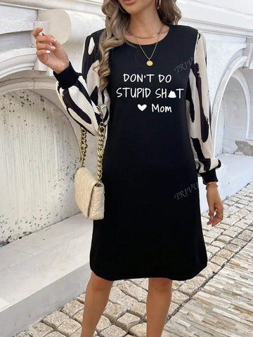 Letter Print Pattern, Casual Round Neck Long Sleeve Dress, Autumn Women's Wear