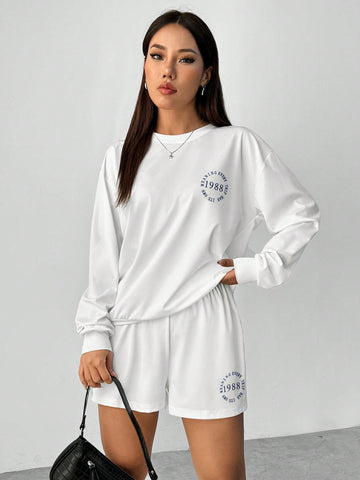 Letter Print Round Neck T-Shirt Shorts Set