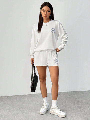 Letter Print Round Neck T-Shirt Shorts Set
